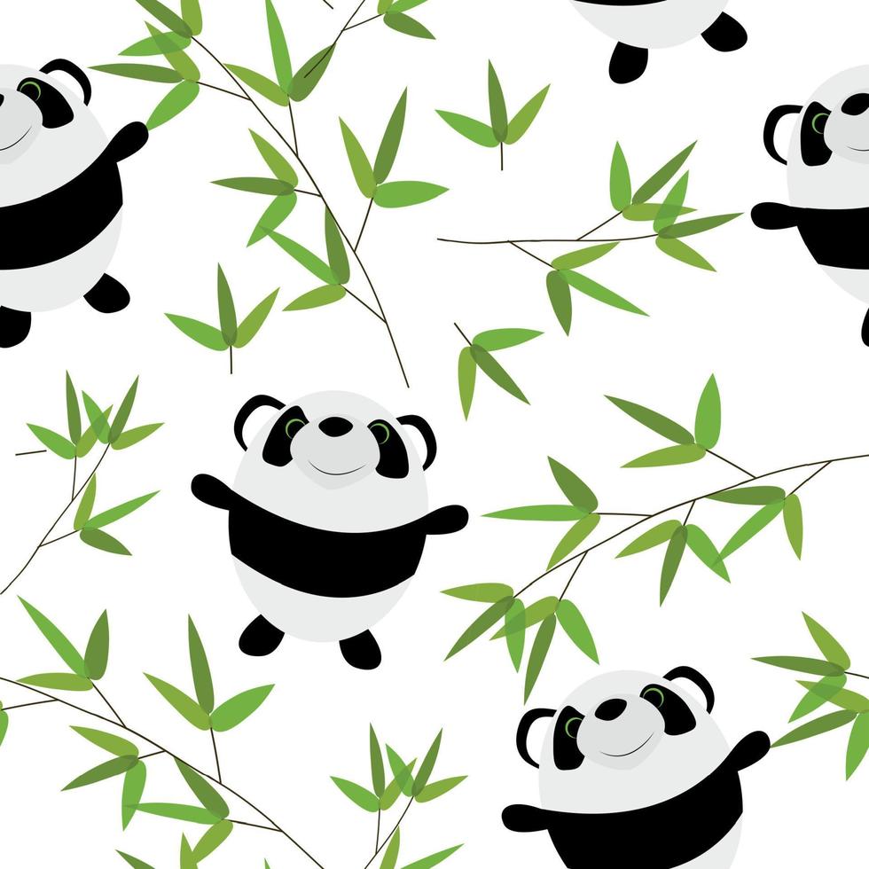 lindo pequeño panda con hojas de bambú de patrones sin fisuras vector