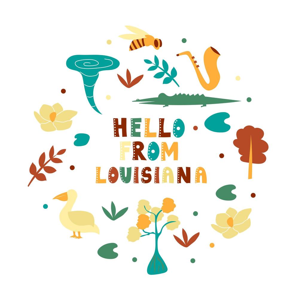 USA collection. Hello from Louisiana theme. State Symbols vector