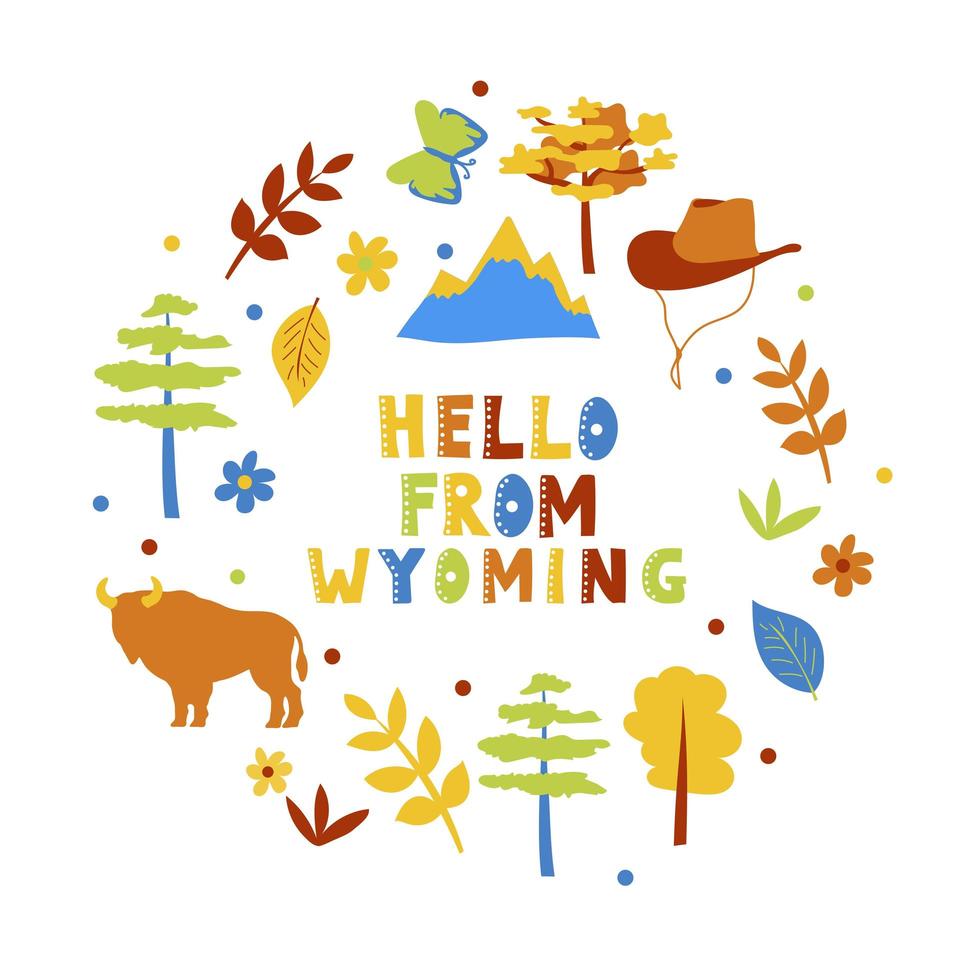 USA collection. Hello from Wyoming theme. State Symbols vector
