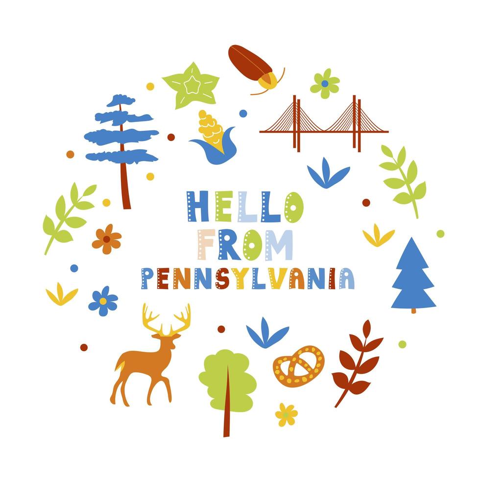 USA collection. Hello from Pennsylvania theme. State Symbols vector