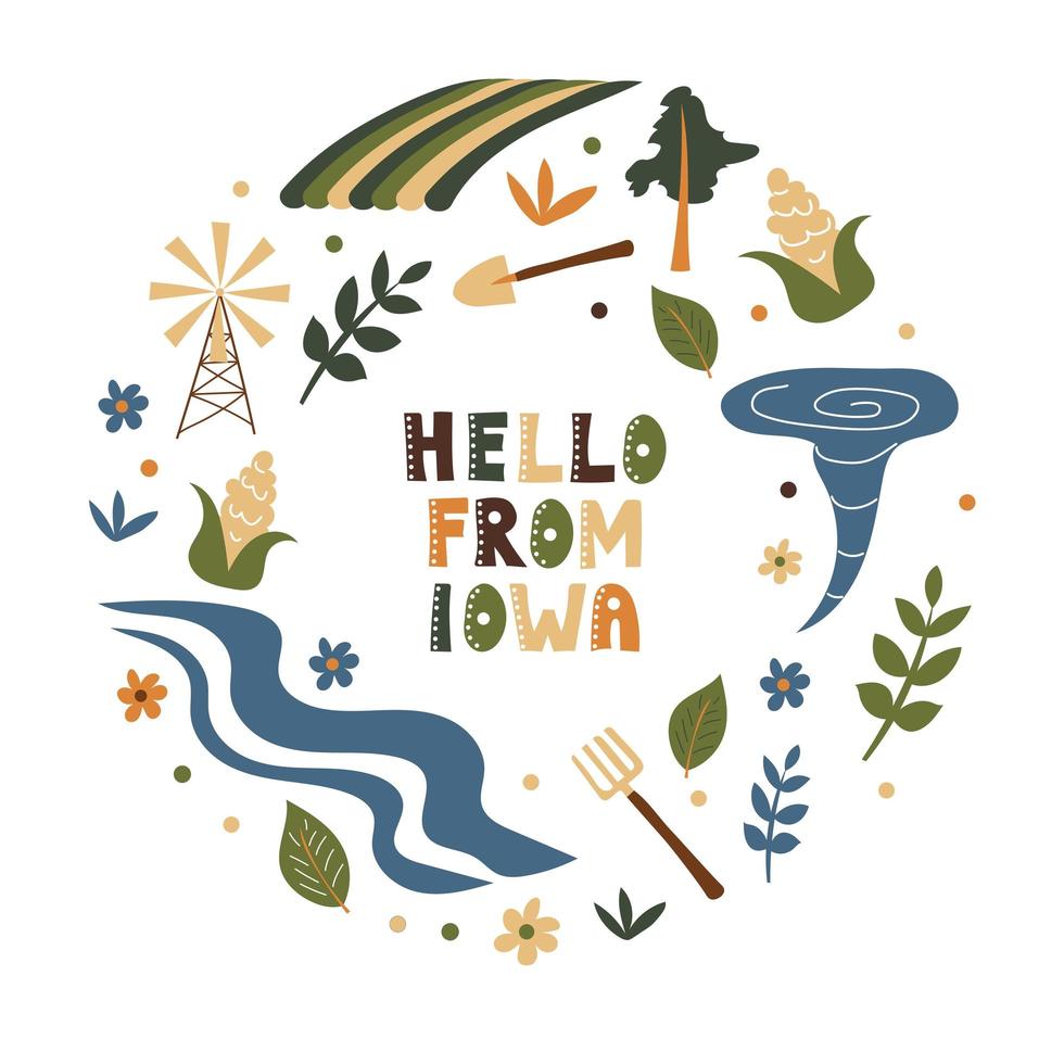 USA collection. Hello from Iowa theme. State Symbols vector