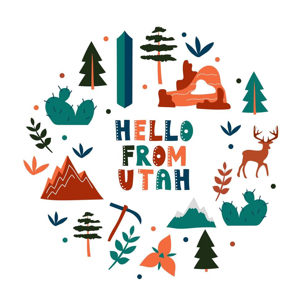 USA collection. Hello from Utah theme. State Symbols vector