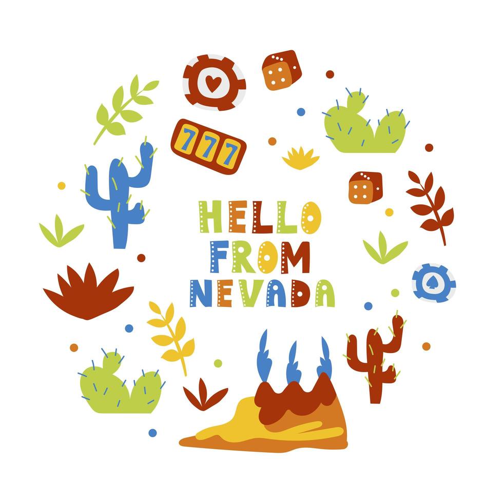 USA collection. Hello from Nevada theme. State Symbols vector