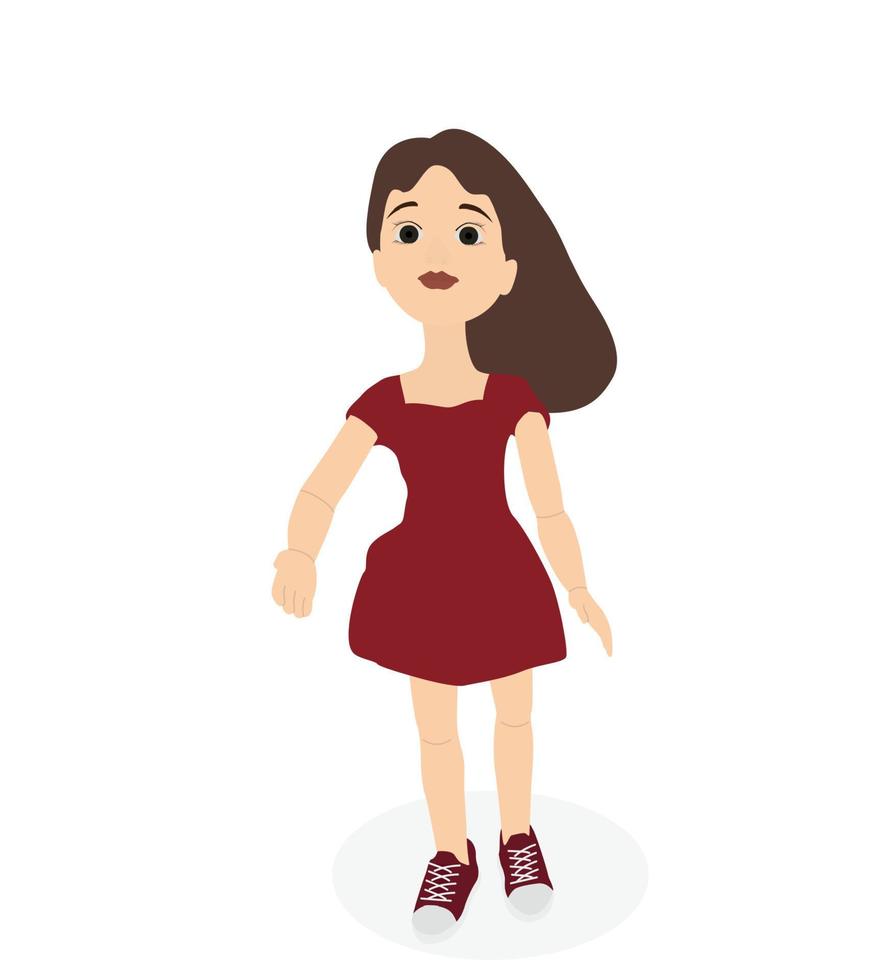 Woman in dress and sneakers stands and stretches out her hand while greeting. Vector Illustration