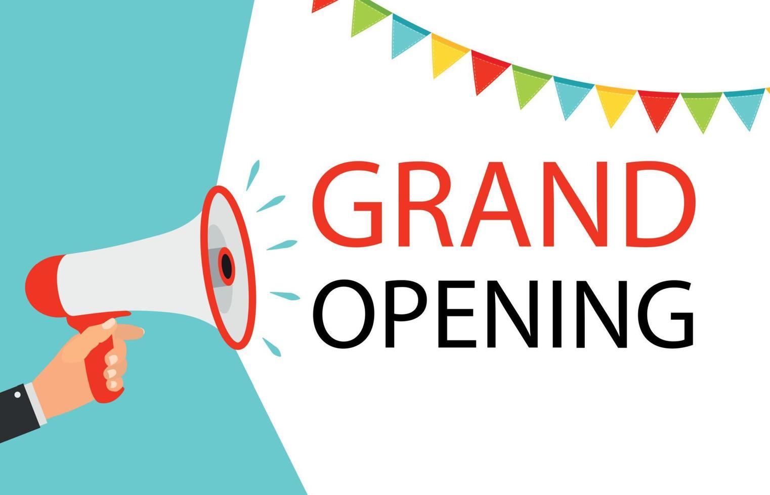 Megaphone with speech bubble and balloons. Grand opening concept. Vector Illustration