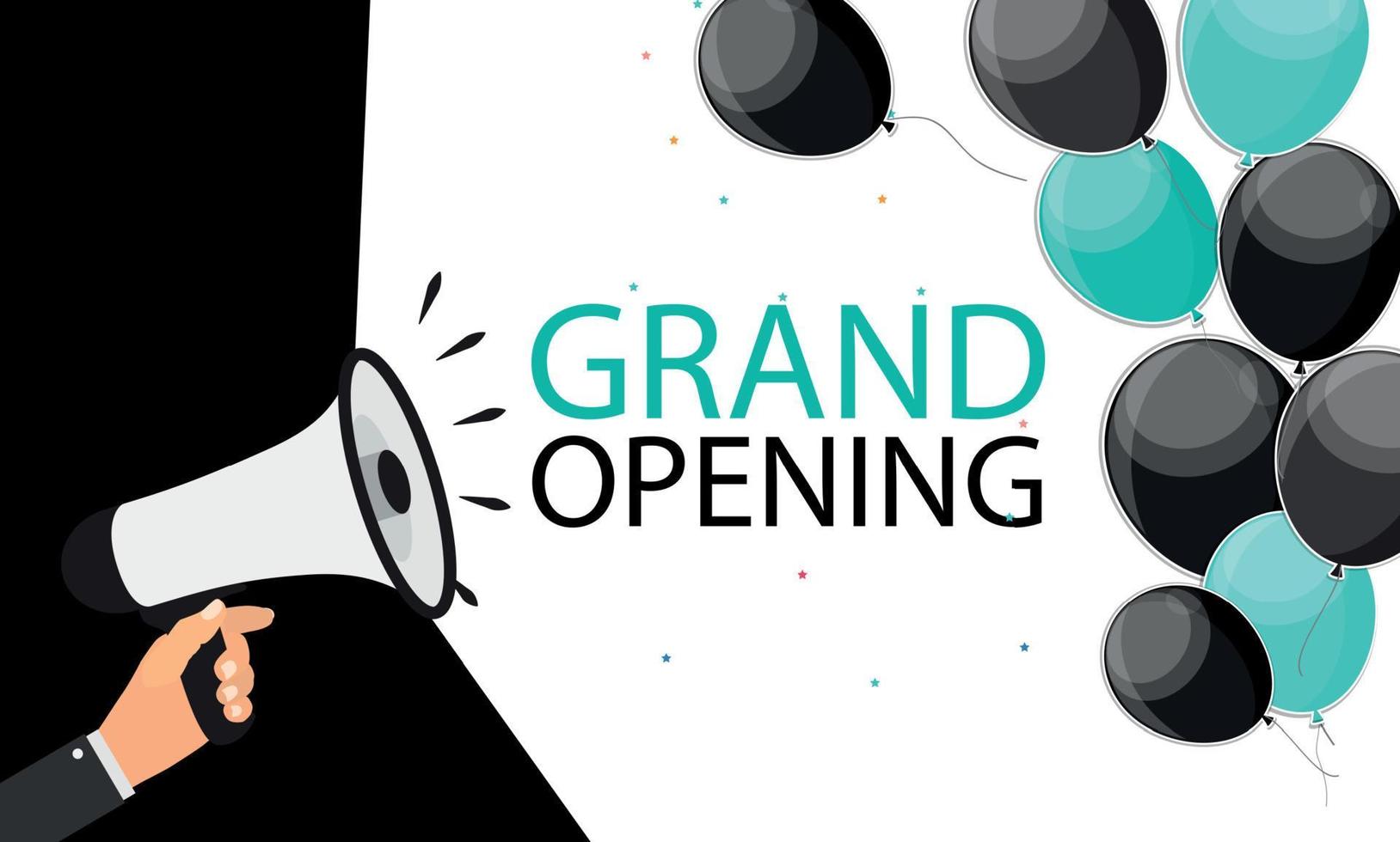 Megaphone with speech bubble and balloons. Grand opening concept. Vector Illustration