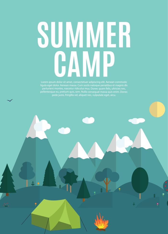 Fondo de naturaleza de campamento de verano en estilo plano moderno con texto de ejemplo vector