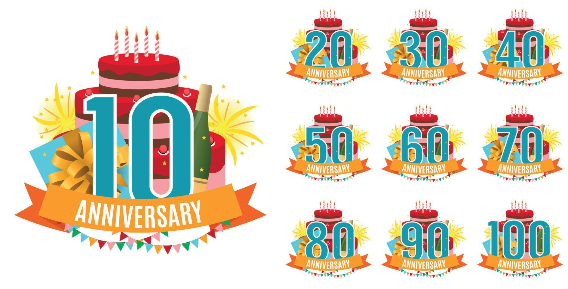 Template from 10 to 100 Years Anniversary Congratulations, Greeting Card Collection Set with Cake, Gift Box, Fireworks and Ribbon Invitation Vector Illustration