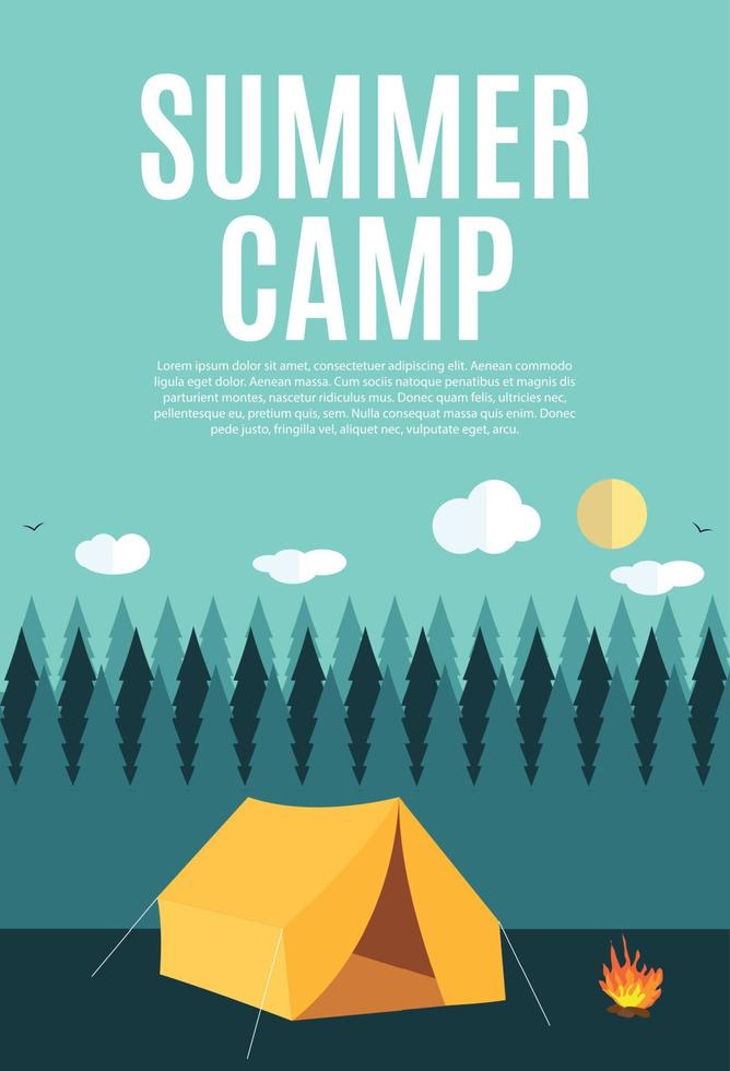 Fondo de naturaleza de campamento de verano en estilo plano moderno con texto de ejemplo vector