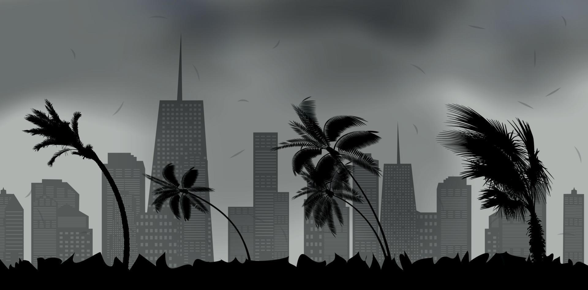 Palm trees during storm and hurricane. Leaves fly across the sky of the city from storm. Vector Illustration