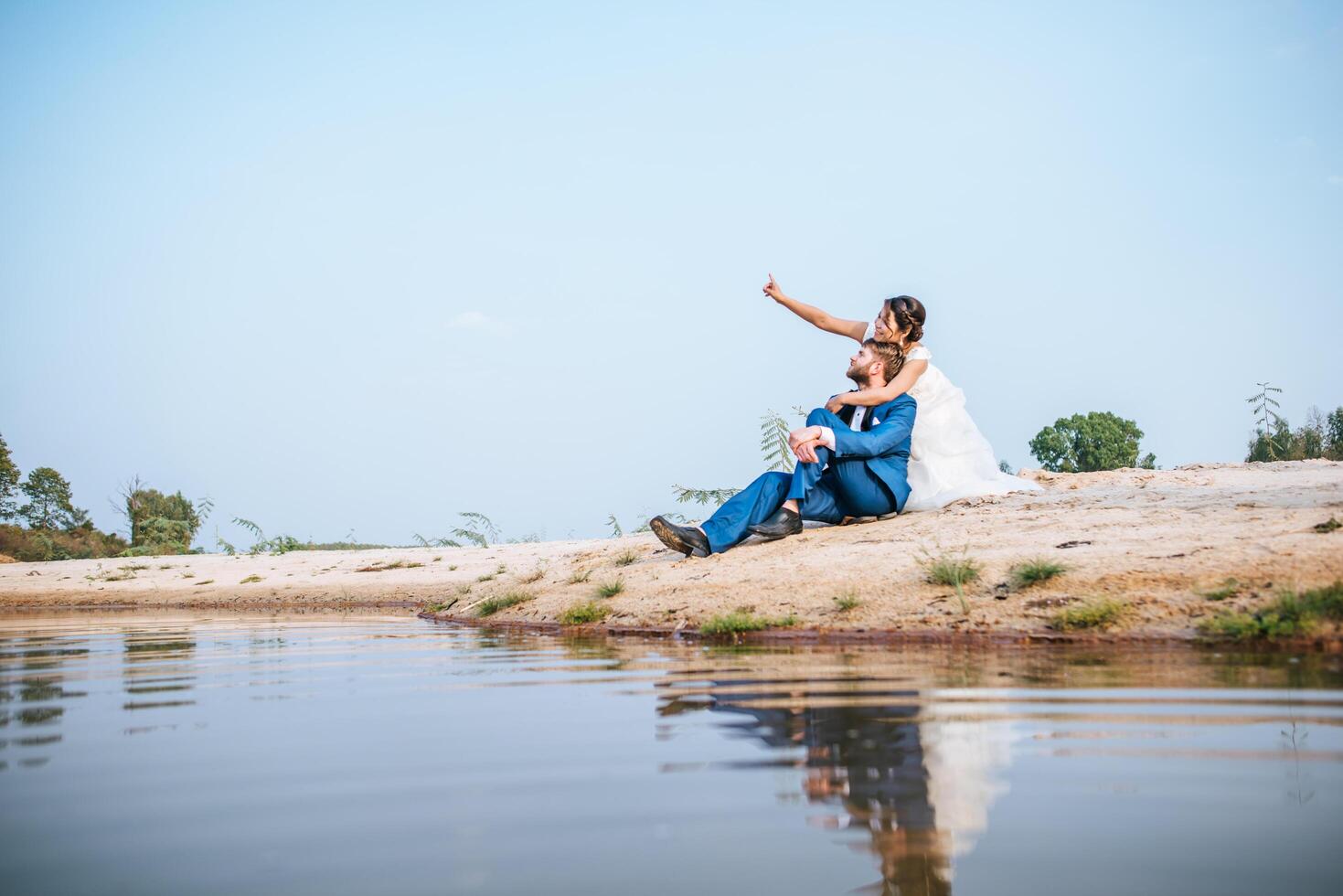 Asian bride and Caucasian groom have romance time and happy together photo