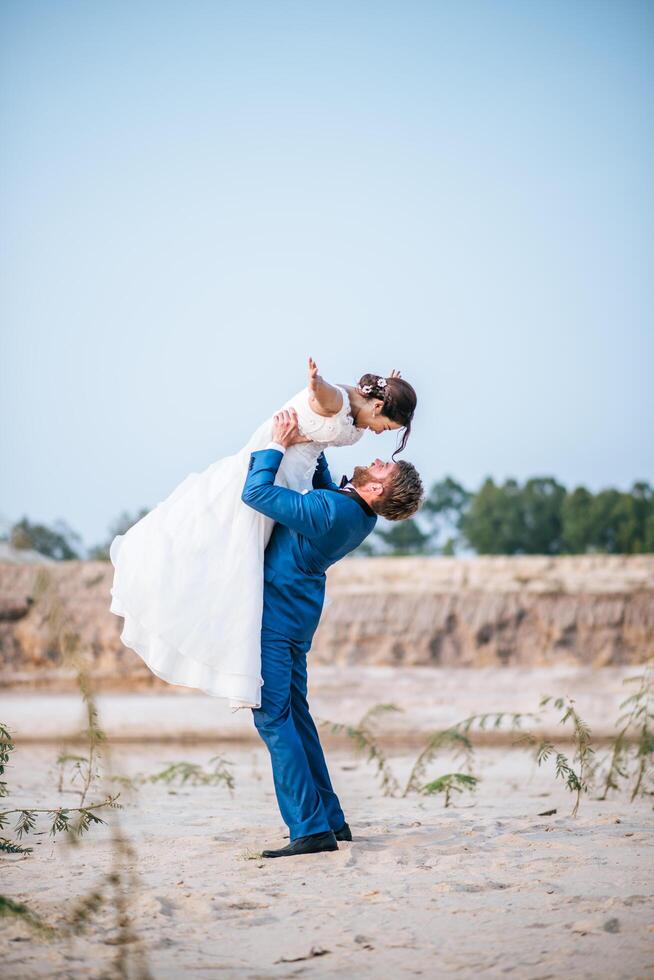 Asian bride and Caucasian groom have romance time and happy together photo