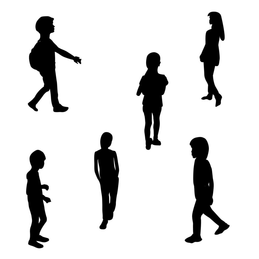 Set of Black and White Silhouette Walking Children. Vector Illustration