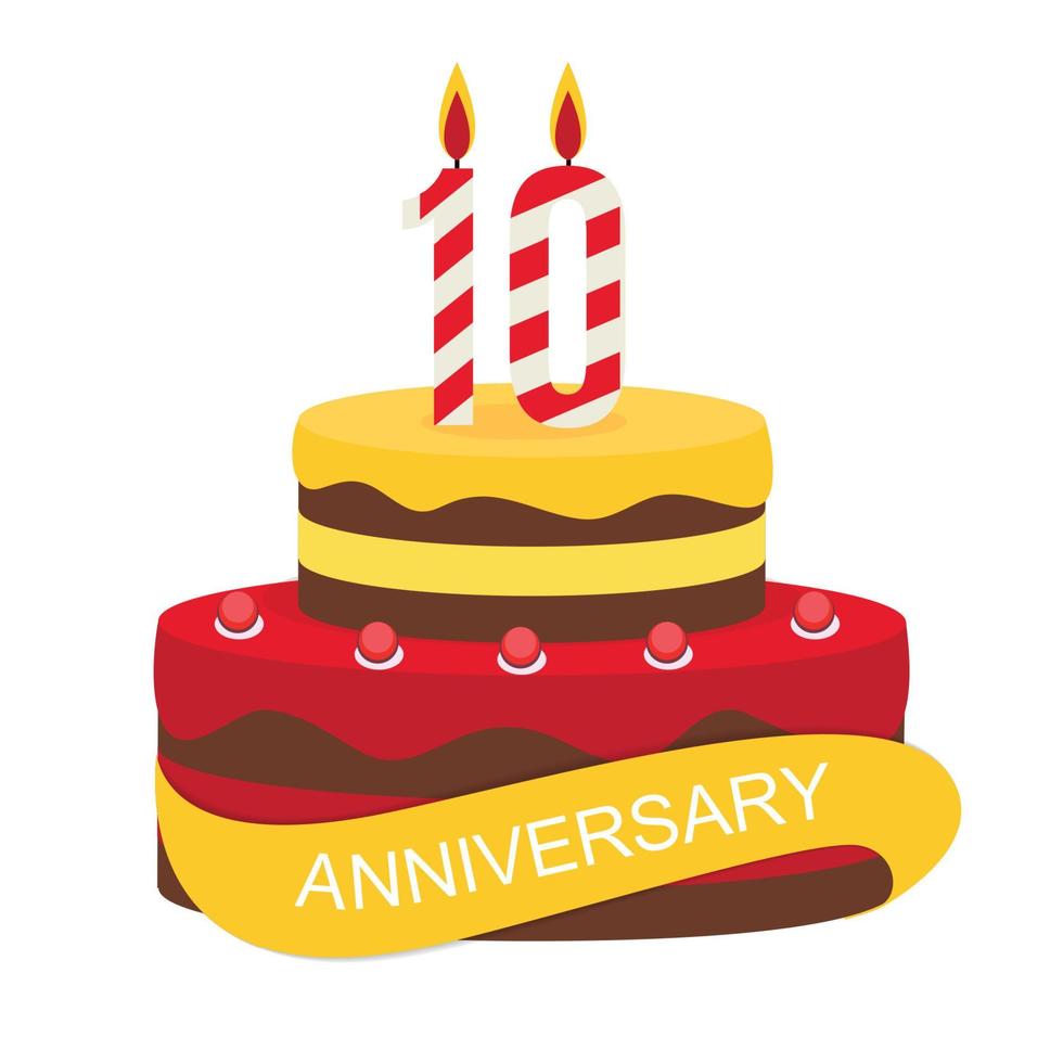 Template 10 Years Anniversary Congratulations, Greeting Card with Cake, Invitation Vector Illustration