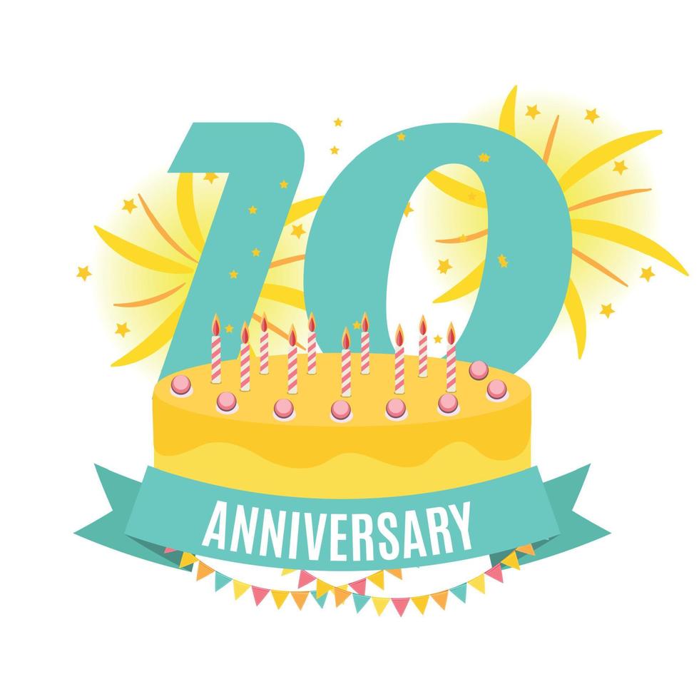 Template 10 Years Anniversary Congratulations, Greeting Card with Cake and Ribbon Invitation Vector Illustration