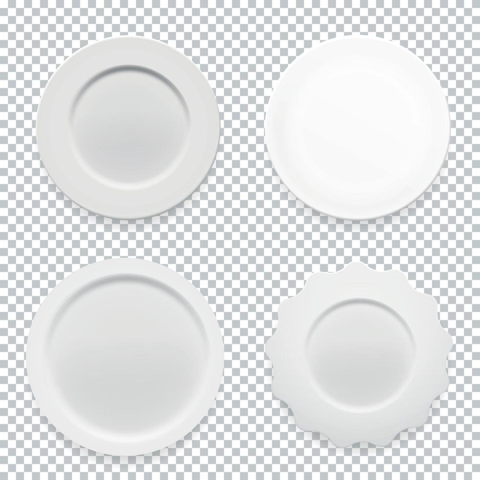 Empty white round plate collection set on transparent background for your design. Vector Illustration