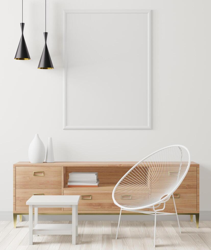 The living room is decorated with a storage table. Chair and picture frame on the wall photo