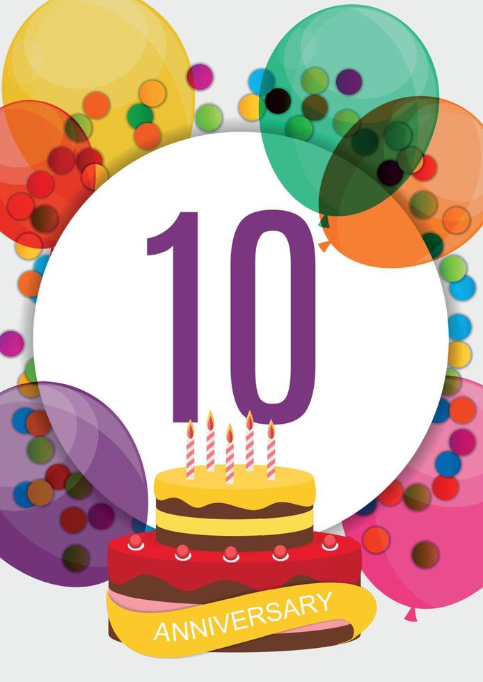 plantilla 10 años felicitaciones de aniversario, tarjeta de felicitación con pastel, ilustración de vector de invitación