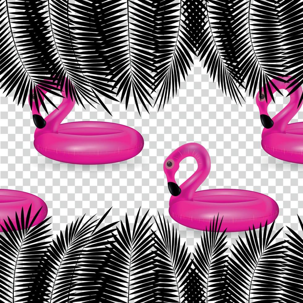 Inflatable circle for swimming and relaxing pink flamingos with palm leaves. Vector Illustration