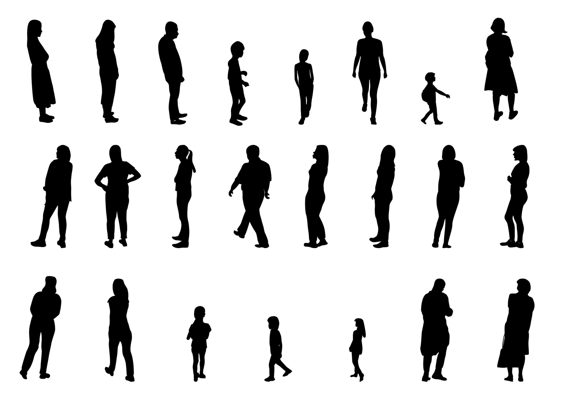 Set of Black and White Silhouette Walking People and Children. Vector