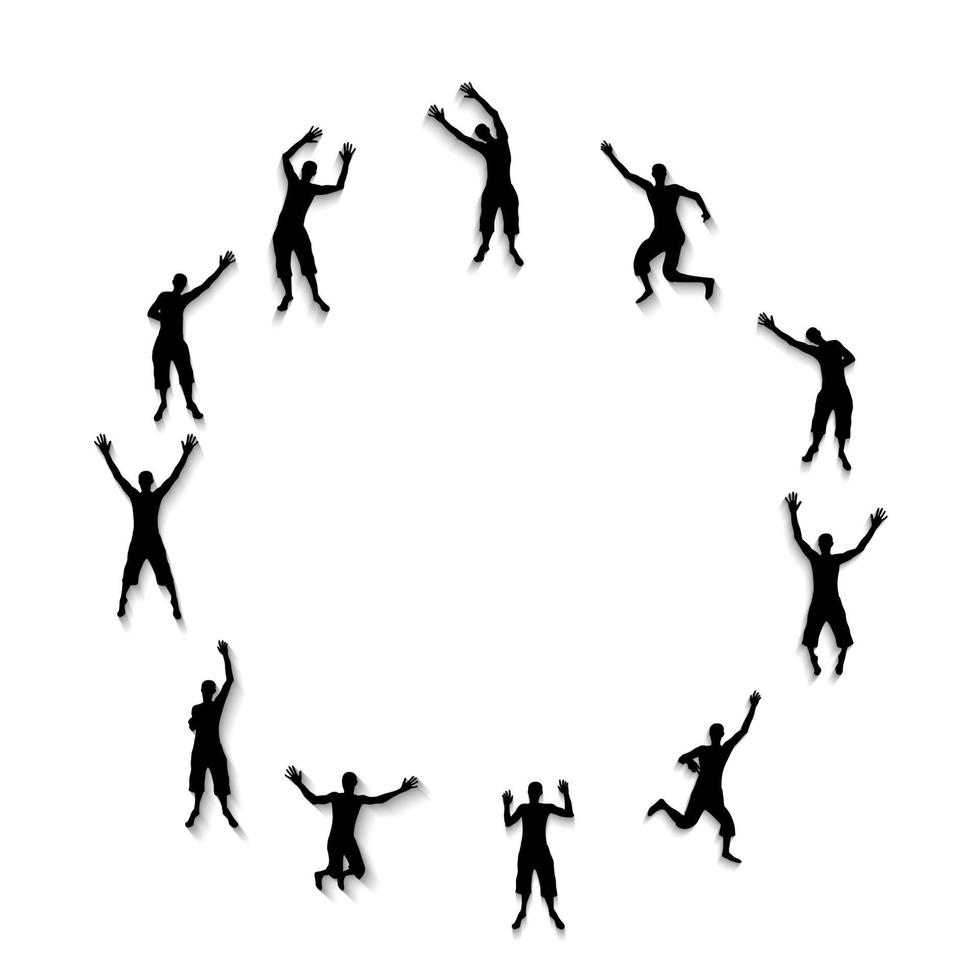 Black and white silhouettes of jumping happy and joyful people. Vector Illustration