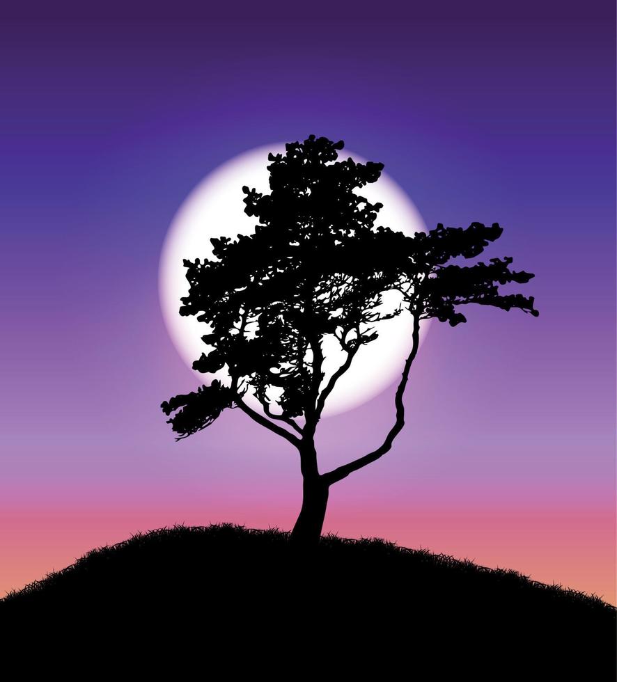 Silhouette of Tree on Sunset Background. Vector Illustration