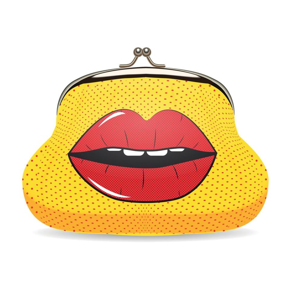 Female Wallet in Pop Art Style with Dots and Lips Realistic Vector Illustration