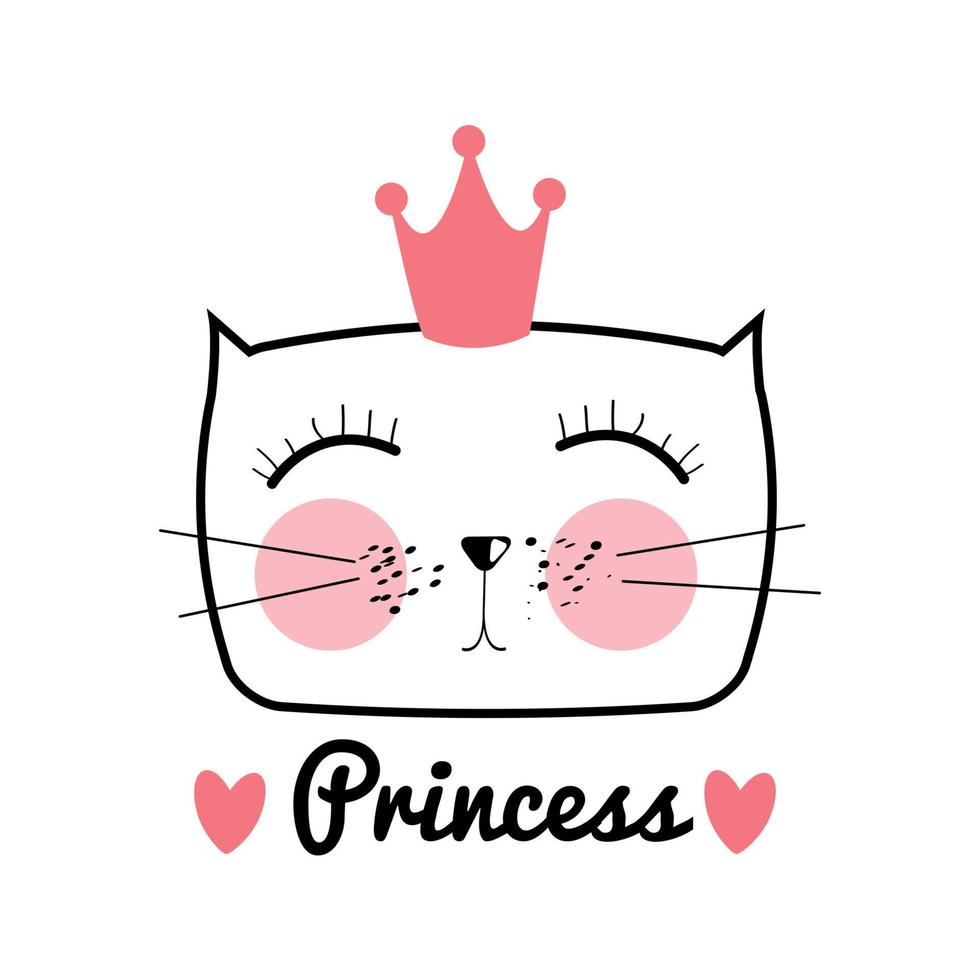 Ilustración de vector de lindo gato dibujado a mano. princesita con concepto de corona