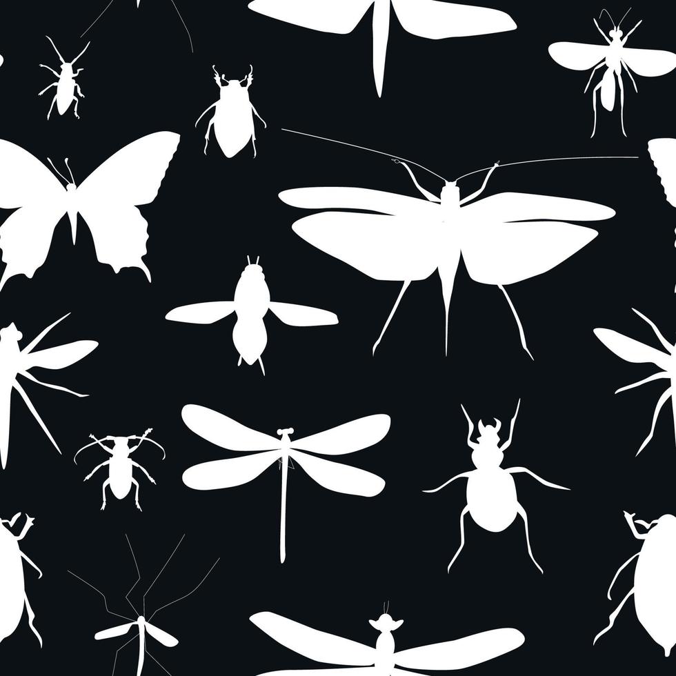 Silhouettes Set of Beetles, Dragonflies and Butterflies Seamless Pattern Background Vector Illustration