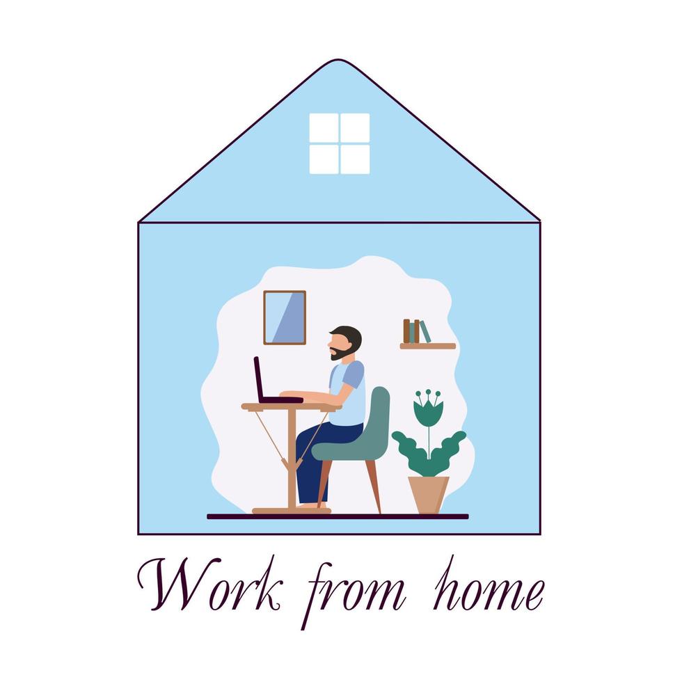 A man with a beard is sitting at home in home clothes and working on a laptop. Stylized vector illustration. The concept of freelancing, online training. Quarantine and self-isolation.