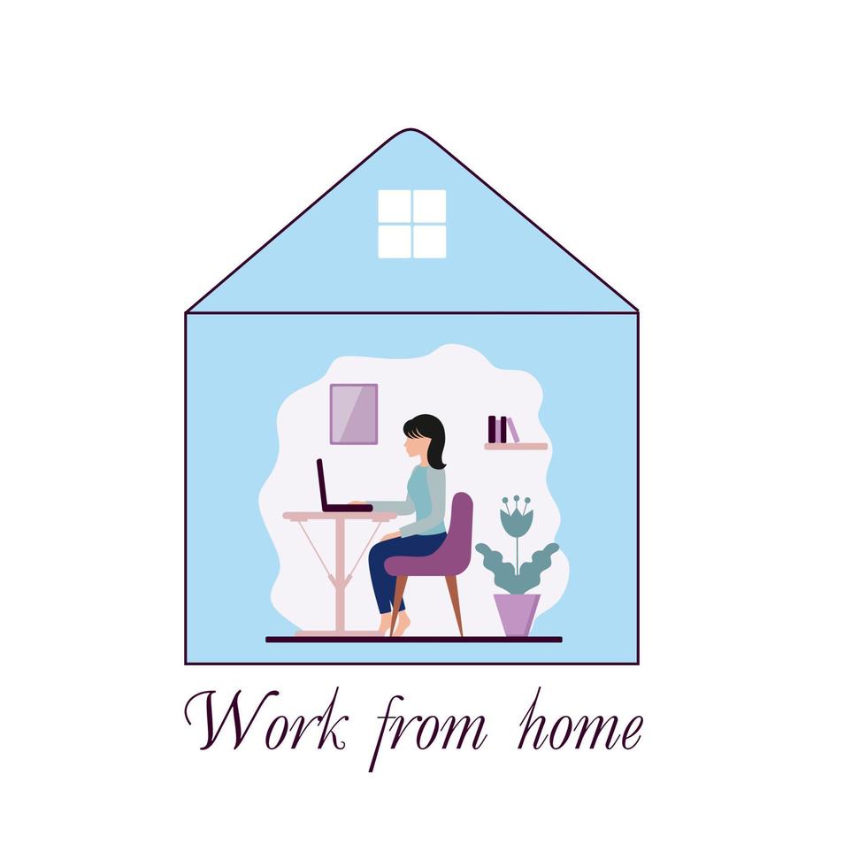 A woman works at home at a pc. The concept of freelancing, office work, isolation during the coronavirus quarantine.  Vector illustration of a flat style.