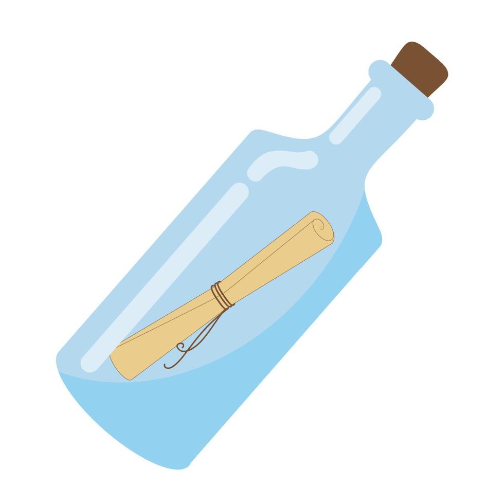 Blue glass bottle with a note isolated on a white background. Children's cartoon illustration on the theme of pirates, treasures and adventures. Drawing for children's books, coloring books, vector