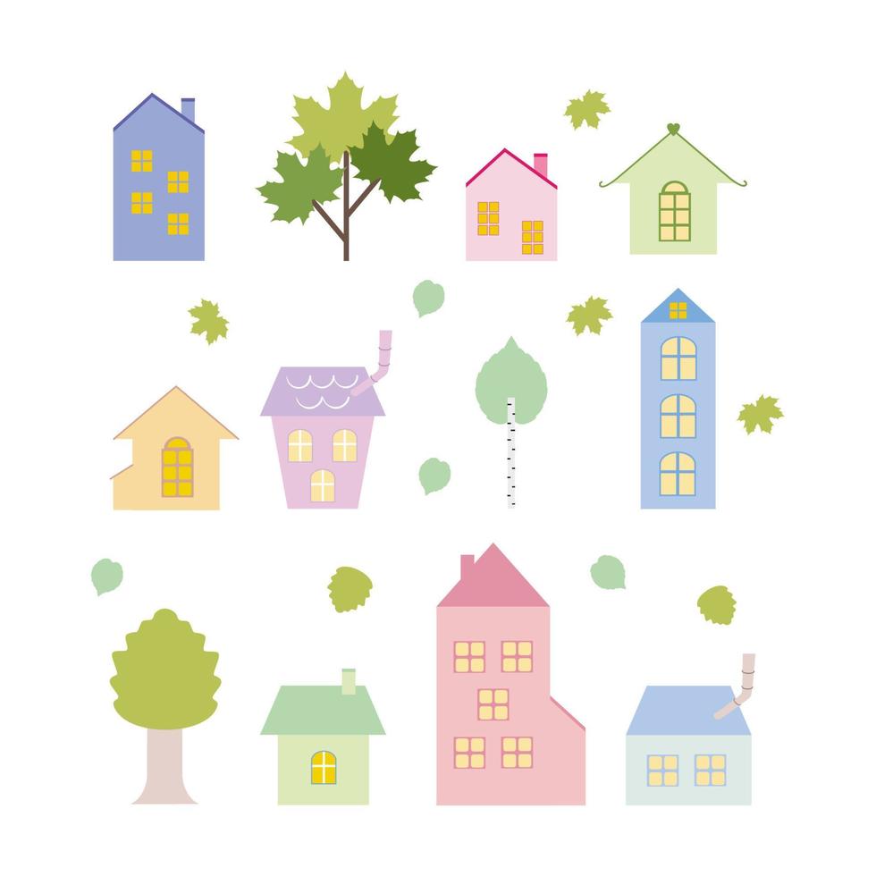 Houses and trees on a white background. Vector doodle illustration. Drawing for children, Wallpaper for the children's room, stickers, book, coloring book.