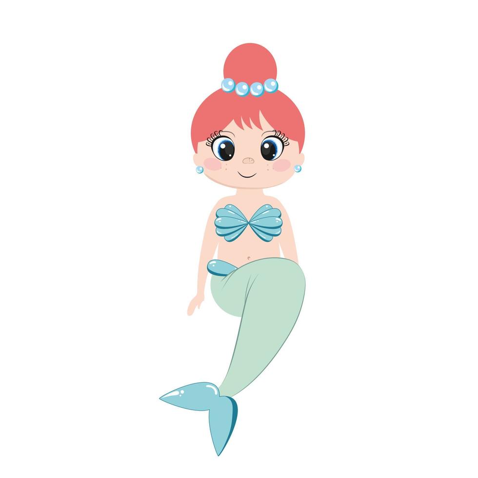 A beautiful mermaid with big eyes is sitting on a rock. Vector illustration. Children's cartoon character fairies, princesses. Logo design, children's book, print for textiles, tailoring.