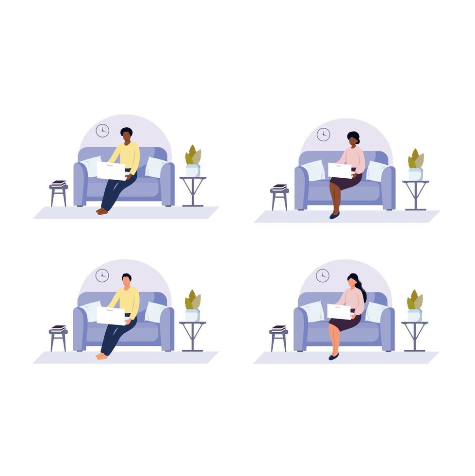 Vector flat illustration. Set on the topic work at home remotely online. Distance learning, home office, business illustration.