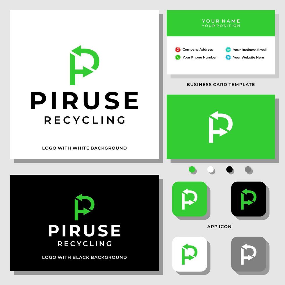 Letter P monogram recycling logo design with business card template. vector