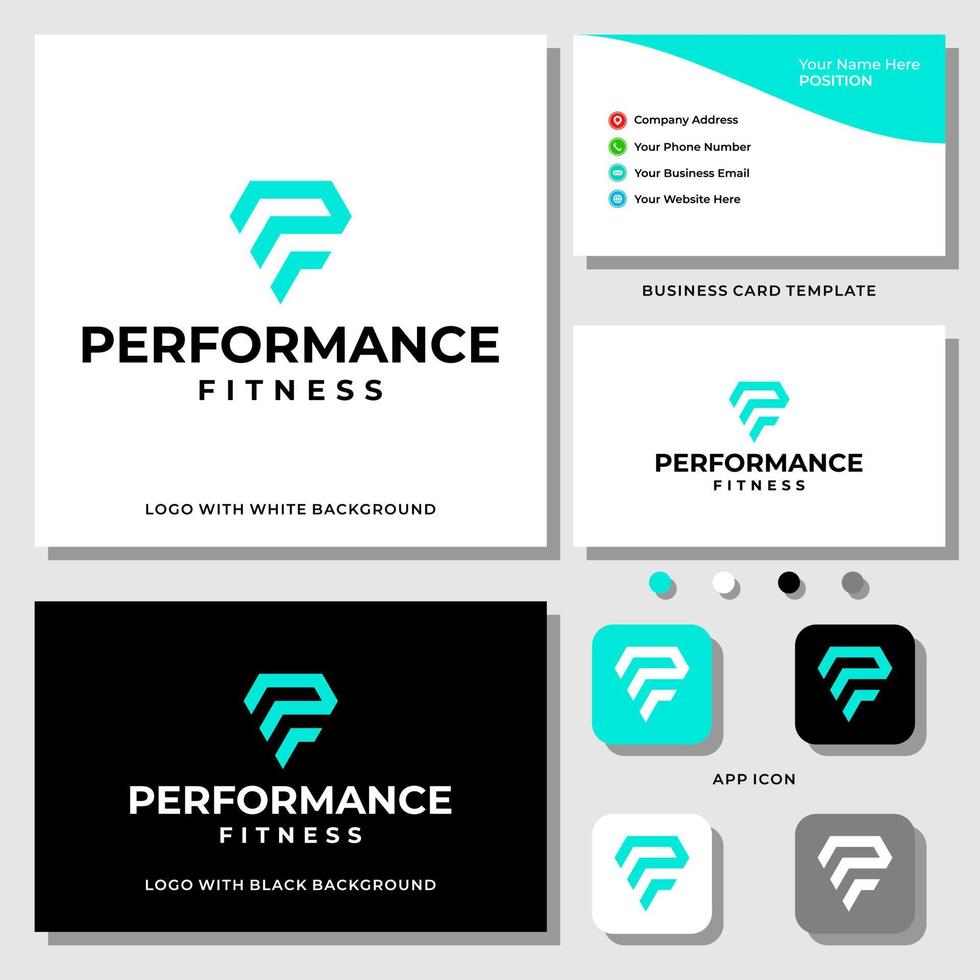 Letter P F monogram fitness logo design with business card template. vector