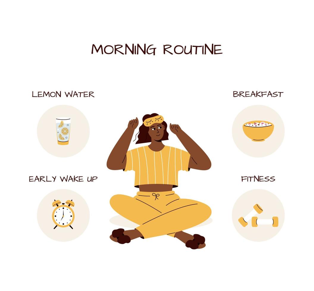 Cute afro american girl with sleeping mask and elements for morning routine lemon water, weights, muesli, alarm clock. Girl thinking about how to start her day. Woman in cute pajama. vector