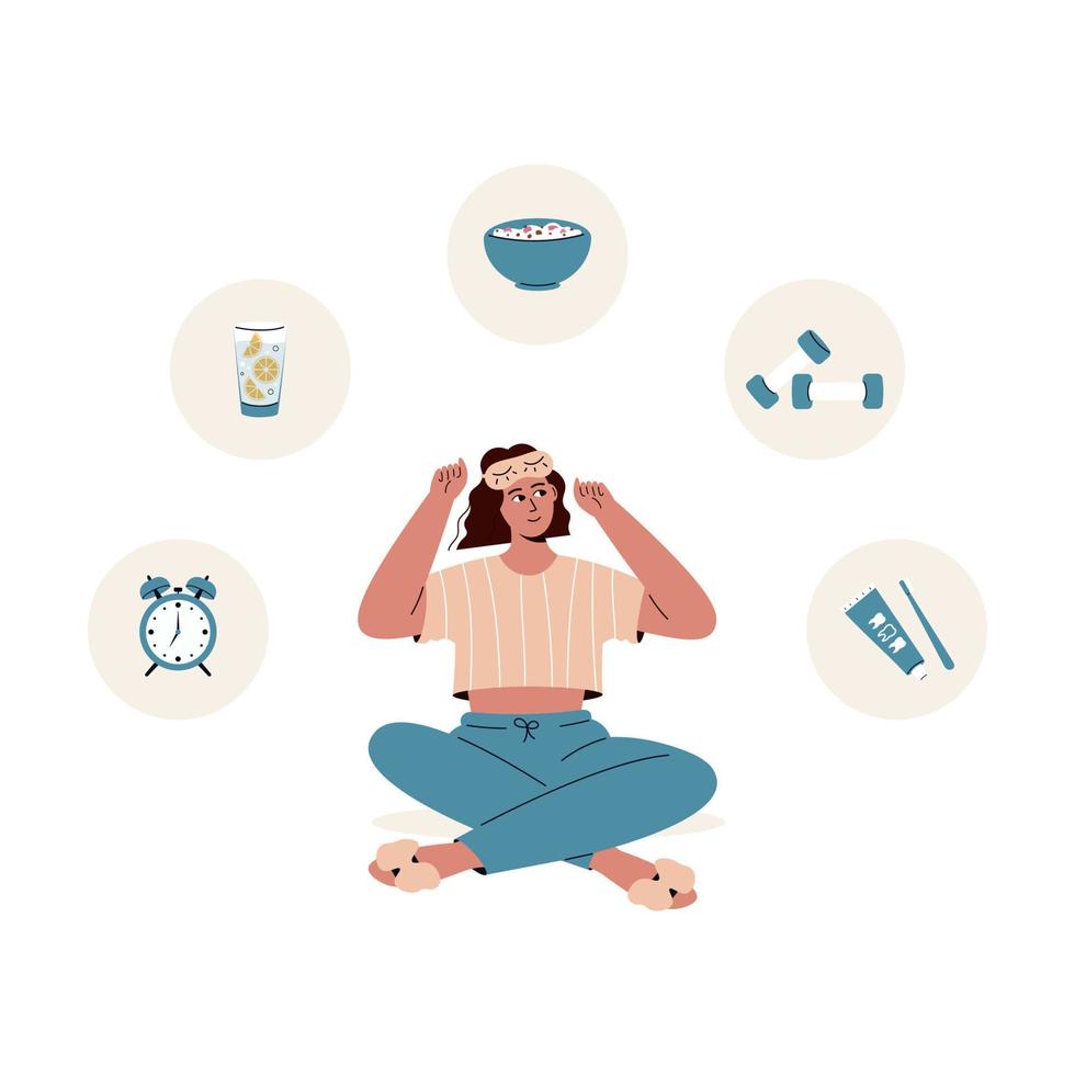 Cute caucasian girl with sleeping mask and elements for morning routine lemon water,weights,muesli,alarm clock,toothpaste.Girl thinking about her day.Woman in cute pajama.Isolated on white. vector