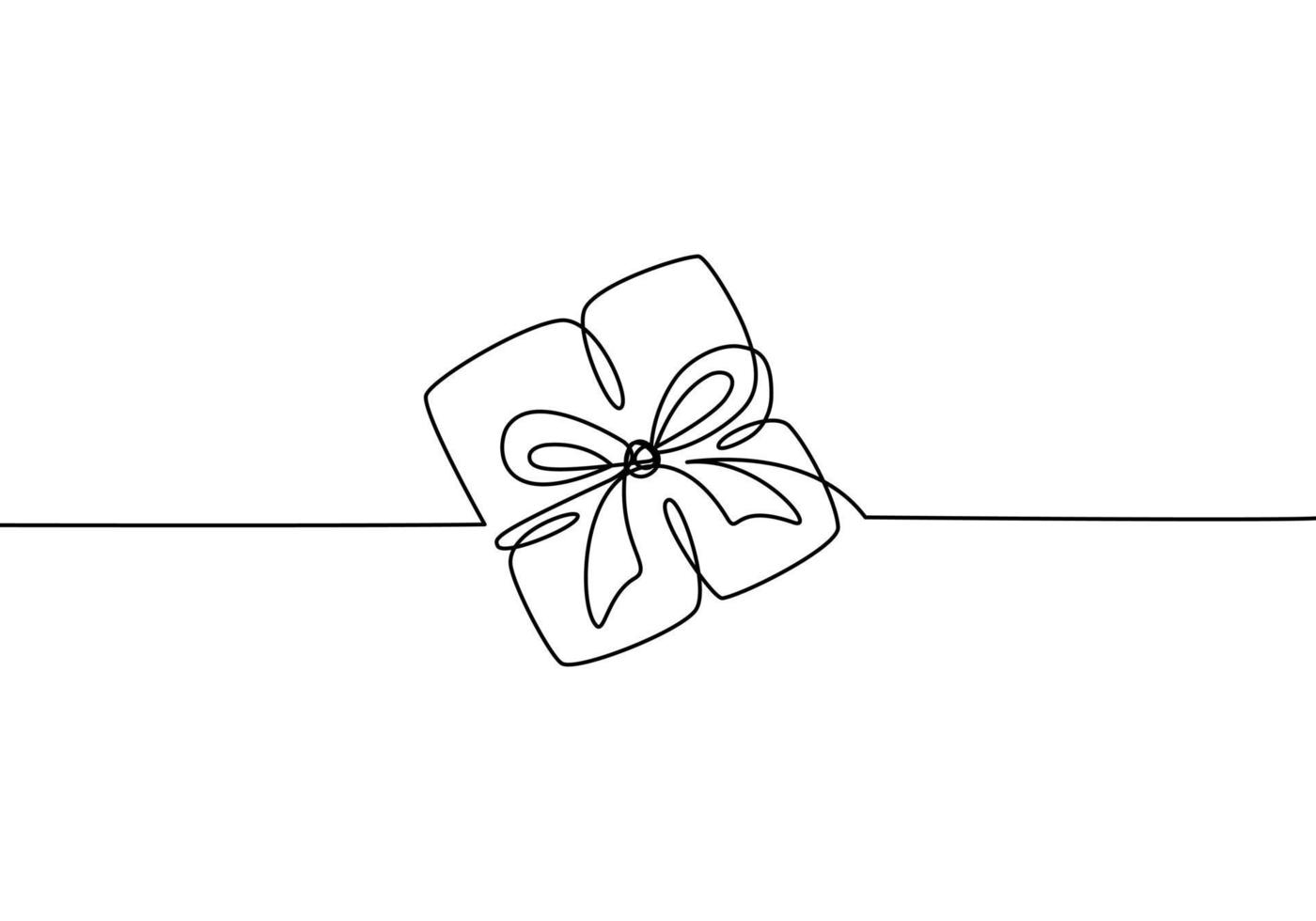 One line drawing gift box with ribbon bow. Christmas and Birthday present. Vector illustration isolated on white background.