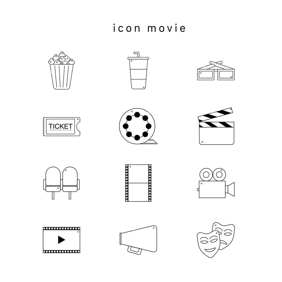 establecer icono de cine, símbolo, contorno negro, 12 iconos, vector, Ilustración. vector