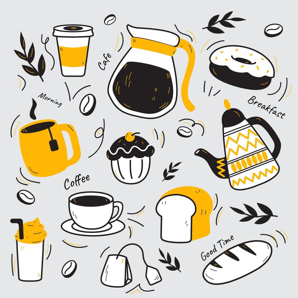 Ilustración de cafetería, dibujado a mano, amarillo y negro, granos de café, equipo de café, gracioso, vector