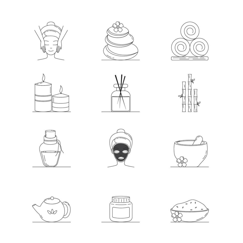 conjunto de iconos de spa. tratamientos de spa y terapia de masajes spa. símbolos. ilustración vectorial. vector