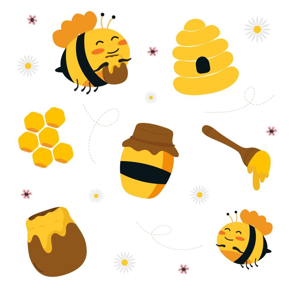 Ilustración conjunto de dibujos animados de abejas, panal, miel. fondo aislado, vector