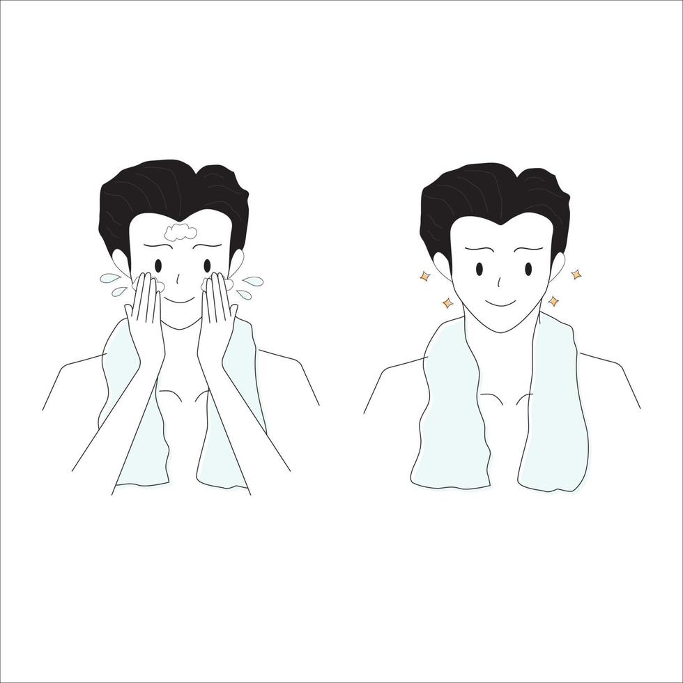 Ilustración de contorno el hombre se lava la cara con limpieza. vector