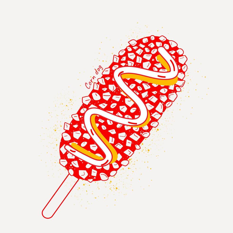 illustration outline corn dog with ketchup and mustard. vector