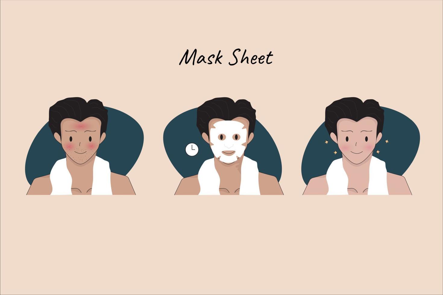 Illustration Skincare Procedures. Man Takes Care of his Face and Use Facial Sheet Mask. vector