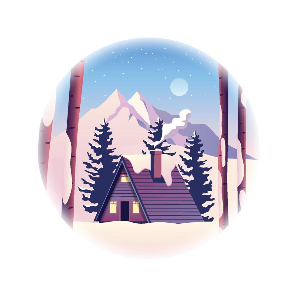 Ilustración de una cabaña en una montaña en invierno vector