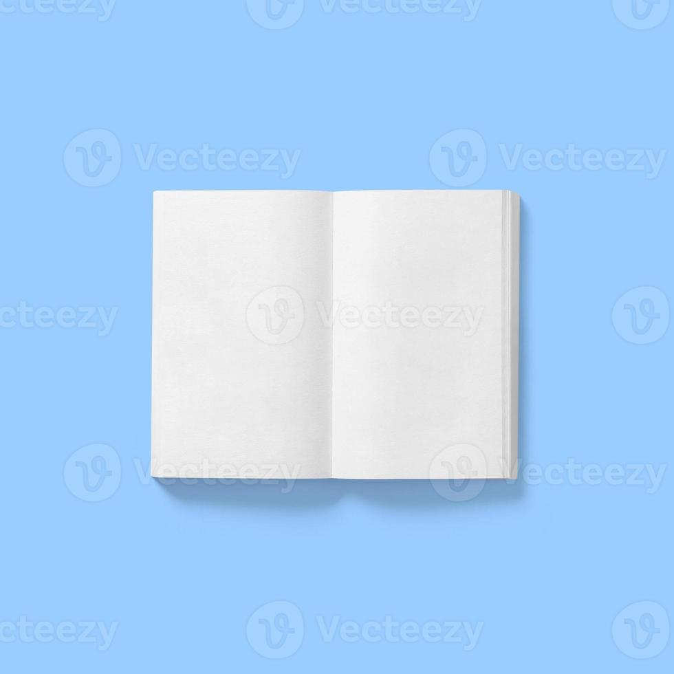 Back to school concept , hard cover blank white book middle open isolated on blue photo