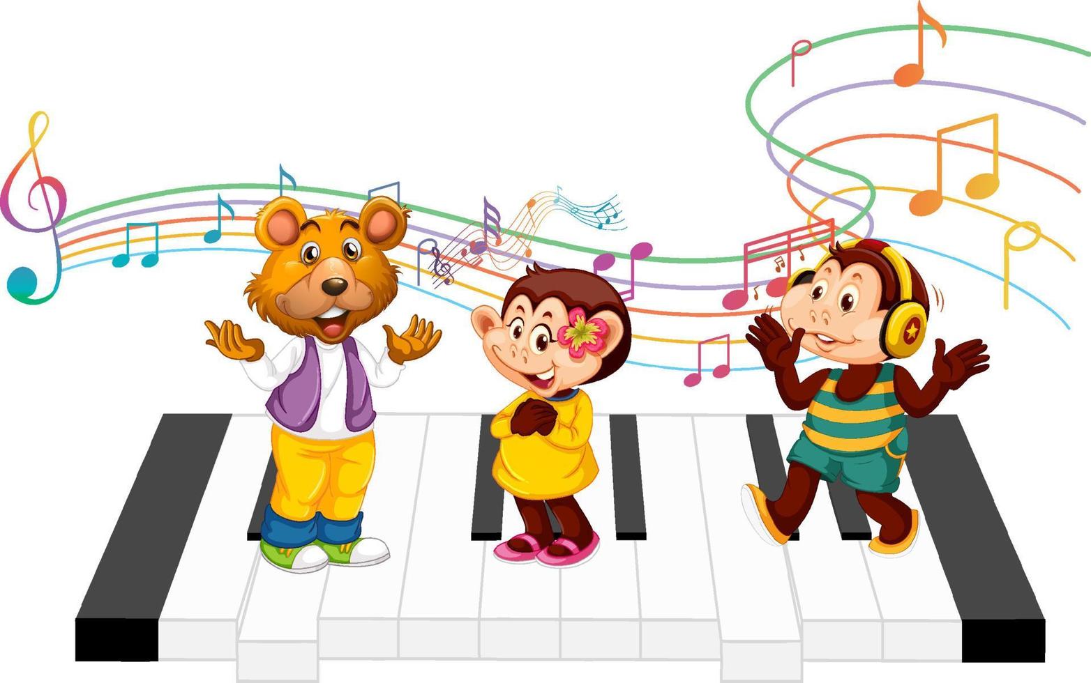 personaje de dibujos animados de animales lindos de pie en el piano vector